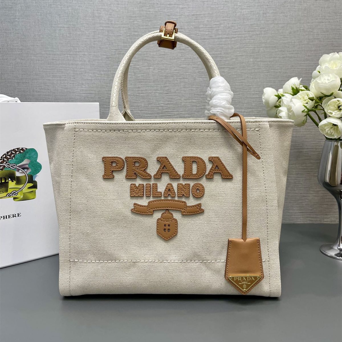 Prada 1BG474 Medium linen blend tote Bag Size 31*25*14cm - Image 2