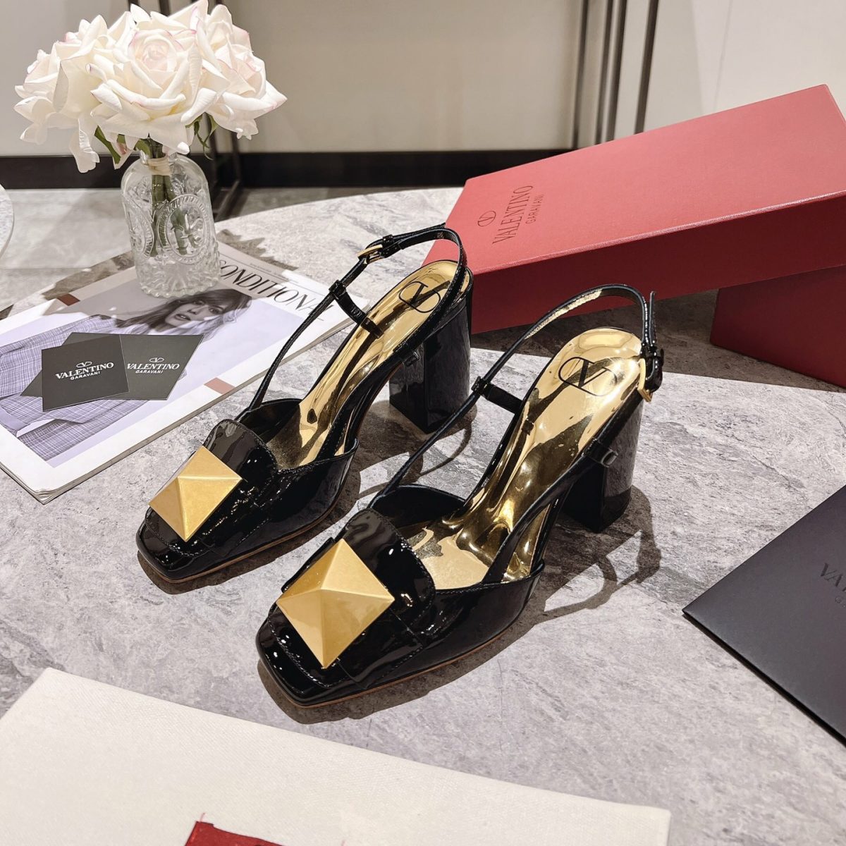 Valentino One Stud Patent Leather Slingback Pumps Size 35-41 4-Color - Image 1