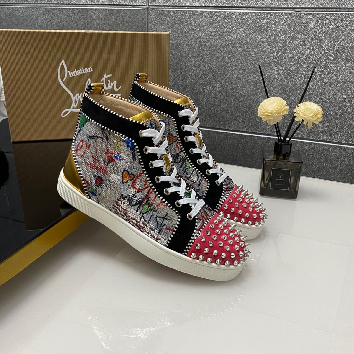 Christian Louboutin Lou Spikes High-Top Sneaker Size 36-46  10-Color - Image 1