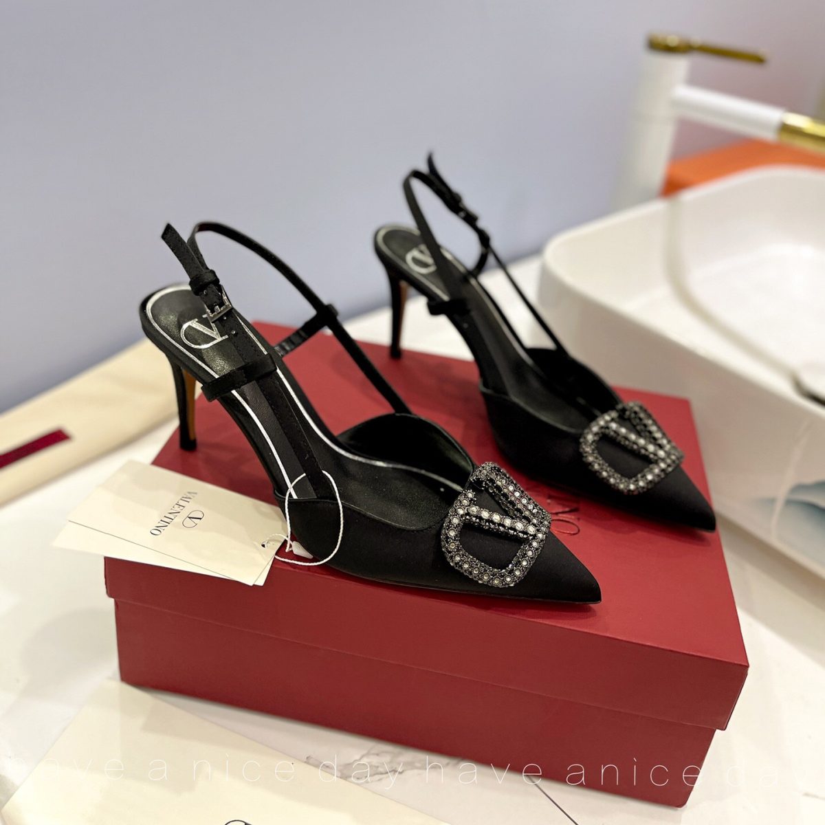 Valentino Vlogo Signature Satin Slingback Pumps Size 35-41 6-Color - Image 1